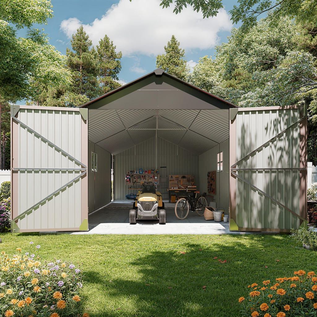12x20x9.3/12x14/6x4ft Metal Storage Shed - Outdoor Garden Shed Kit, Lockable Tool Shed, Backyard Shed with Double Hinged Doors, 4 Windows, Carport for Car, Truck, Bike and Lawn Mower & Equipment, Brown