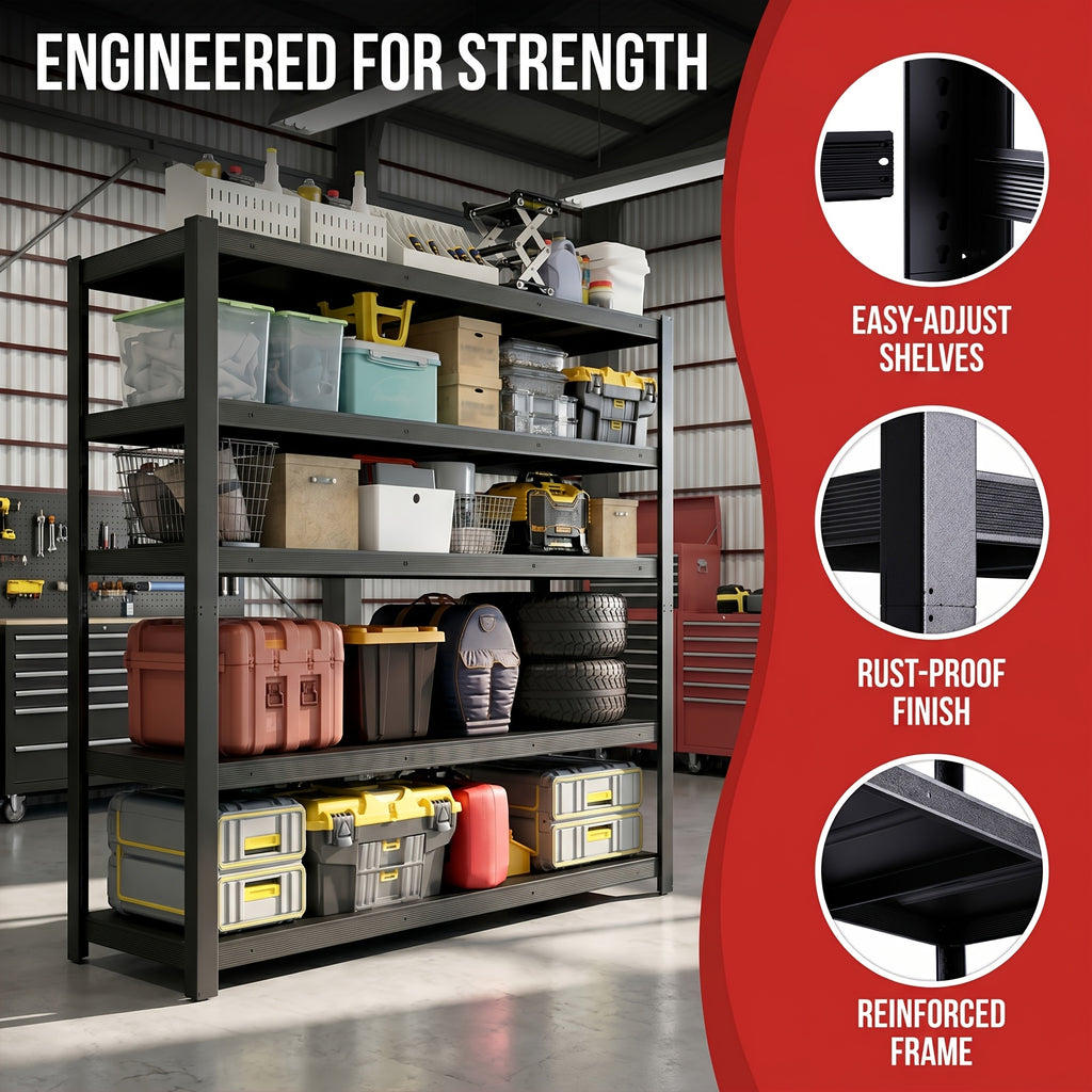 Heavy-Duty 5-Tier Metal for garage Storage Shelving, 55" W X 84" H X 24" D, Adjustable Storage Rack, 3000 LBS Load Capacity, Easy to Assemble. Ideal for Garages, Pantries, Closets Or Offices, Perfect for Garage Expansion, Multi-Purpose Storage Unit