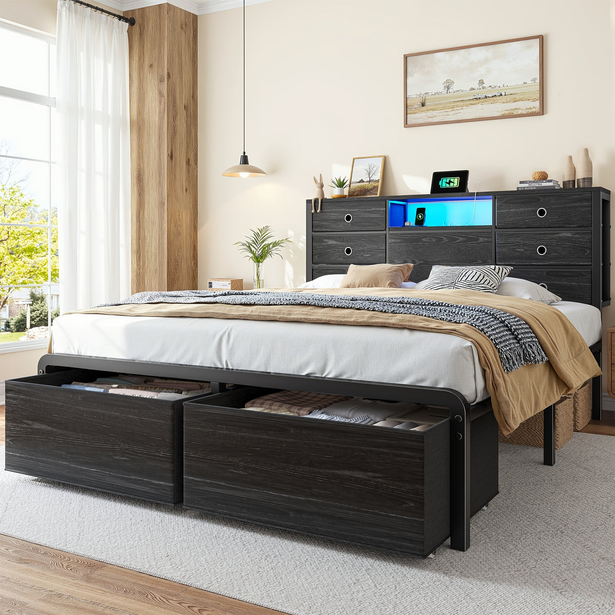 Reinforced Metal Storage Bed Frame King/Queen/Full, 8/9 Drawers & Headboard Storage, Multi-Color LED & Charging Station, Strong Load-Bearing, Noiseless, Easy Assembly, Black/Tiger Brown
