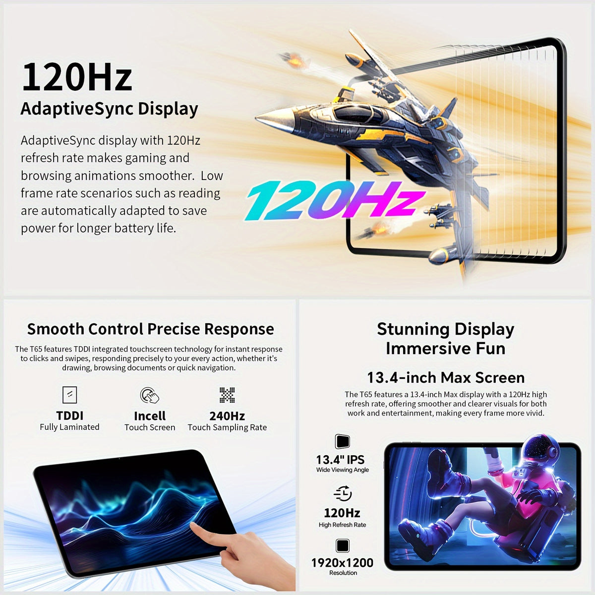 TECLAST T65 2026 Tablet, Android 16, with 20GB (6+14) RAM and 128GB ROM (expandable up to 4TB Via TF Card), 13.4" TDDI FHD 120Hz Gaming Display (1920×1200), Unisoc T7280 Octa-Core 2.2GHz, Dual SIM 5G WiFi + 4G LTE, 8000mAh Battery, Type-C