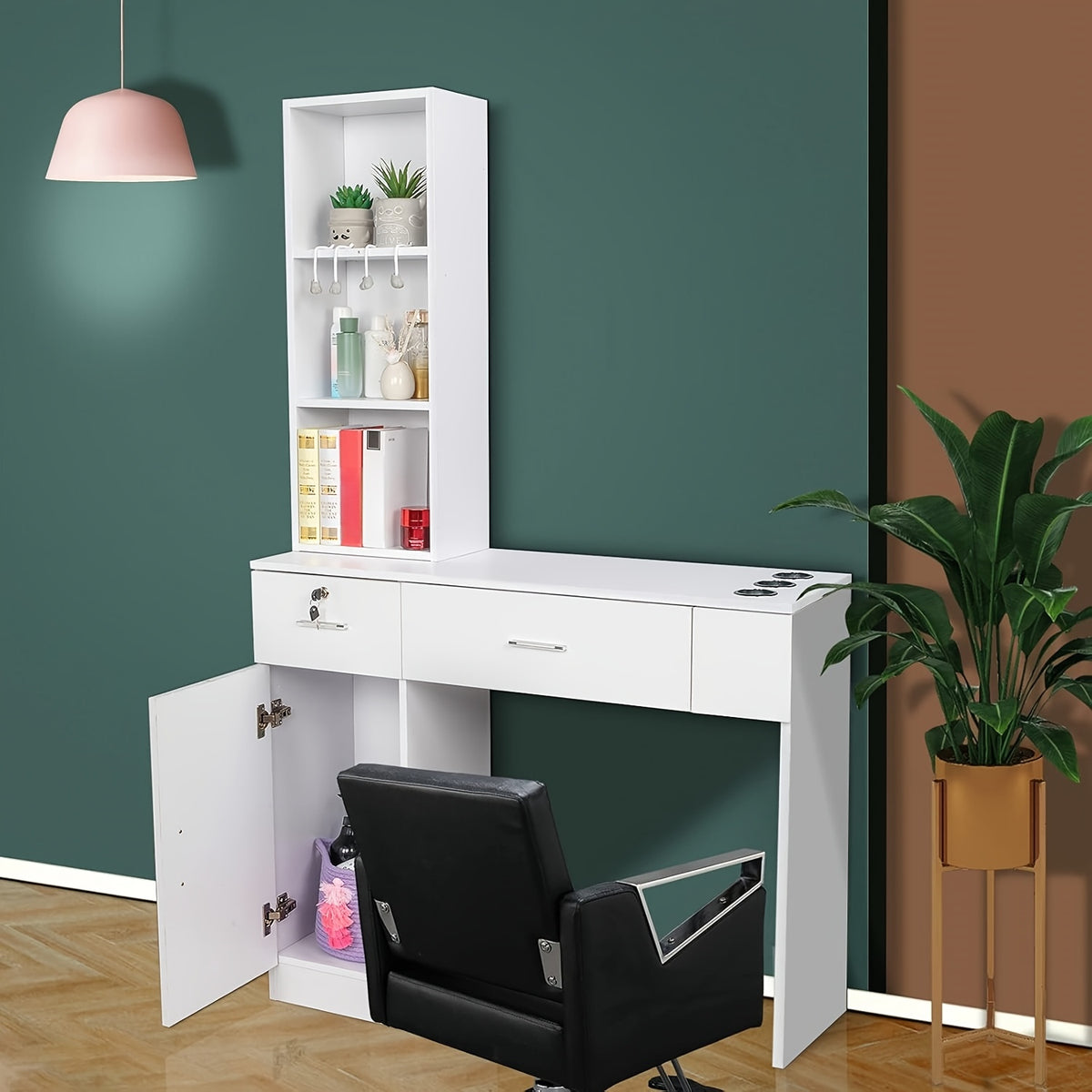OmySalon Stations for Hair Stylist, Locking Barber Station Organizer, Wall Mount Hair Styling Equipment with 2 Drawers, 1 Storage Compartment, 3 Open Shelves, for Beauty Spa Bedroom Hairdresser, Black/Black&Red/White