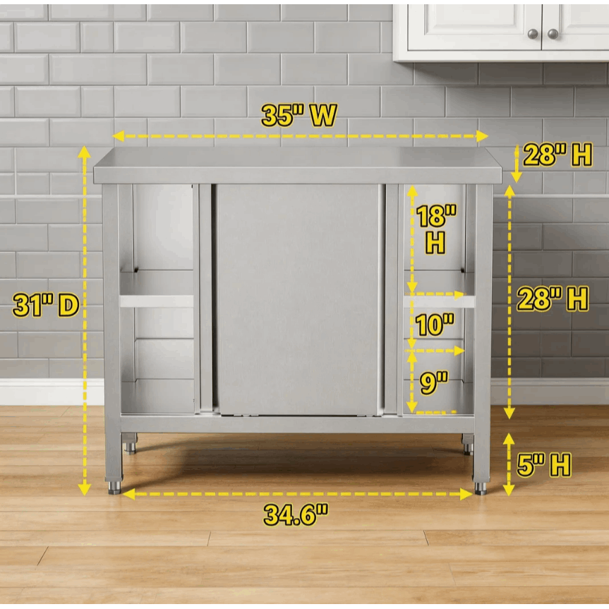 MEFEIR Commercial Stainless Steel Prep Table - 35"x28" Heavy Duty Kitchen Work Table w/ 2 Sliding Door Cabinet & Backsplash, Large Storage for Restaurant Food Prep