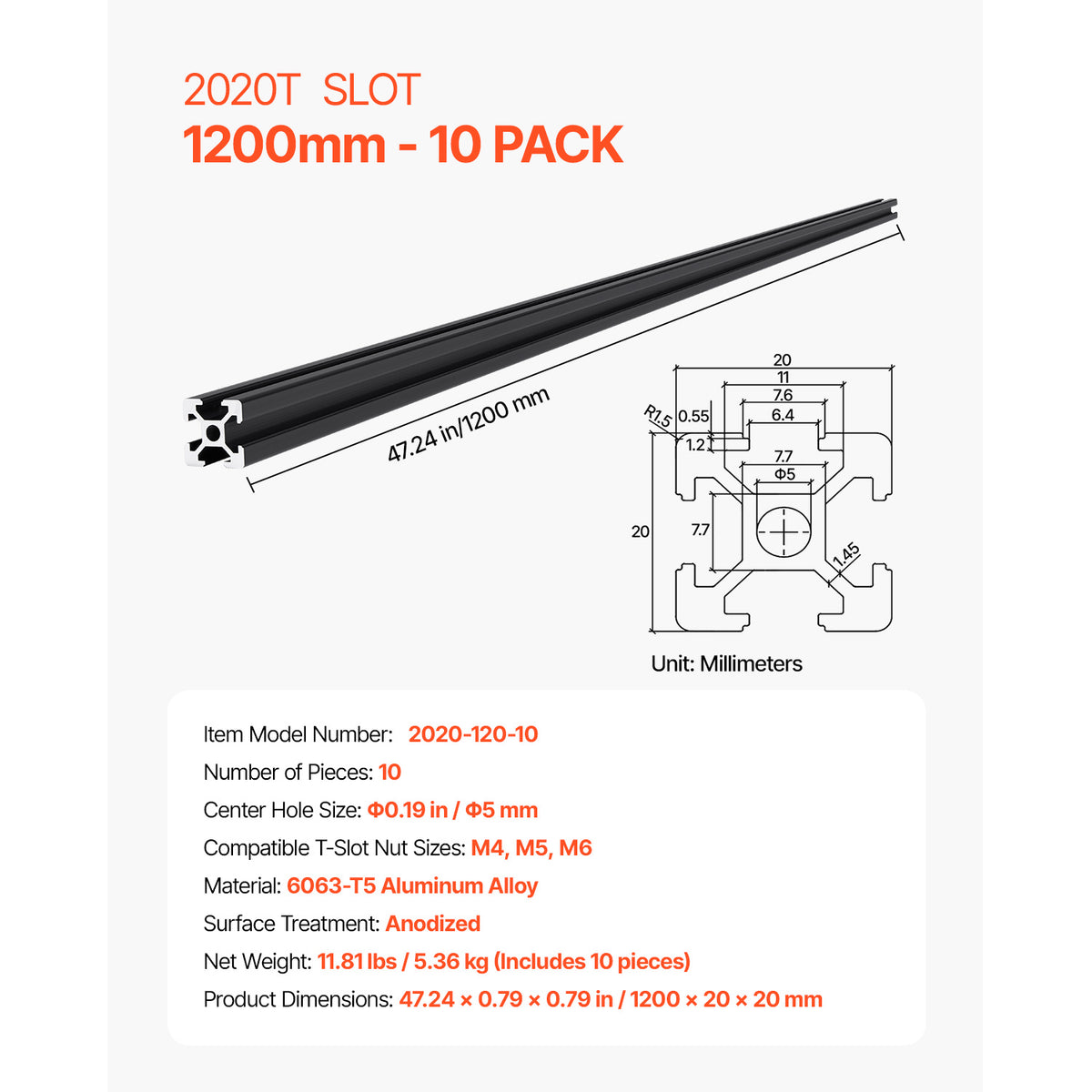 VEVOR T Slot 2020 Aluminum Extrusion Anodized Linear Rail, High-Strength Extruded Aluminum Rail for 3D Printer, CNC Machine DIY, Laser Engraving, 1000/1200/1500/2000mm