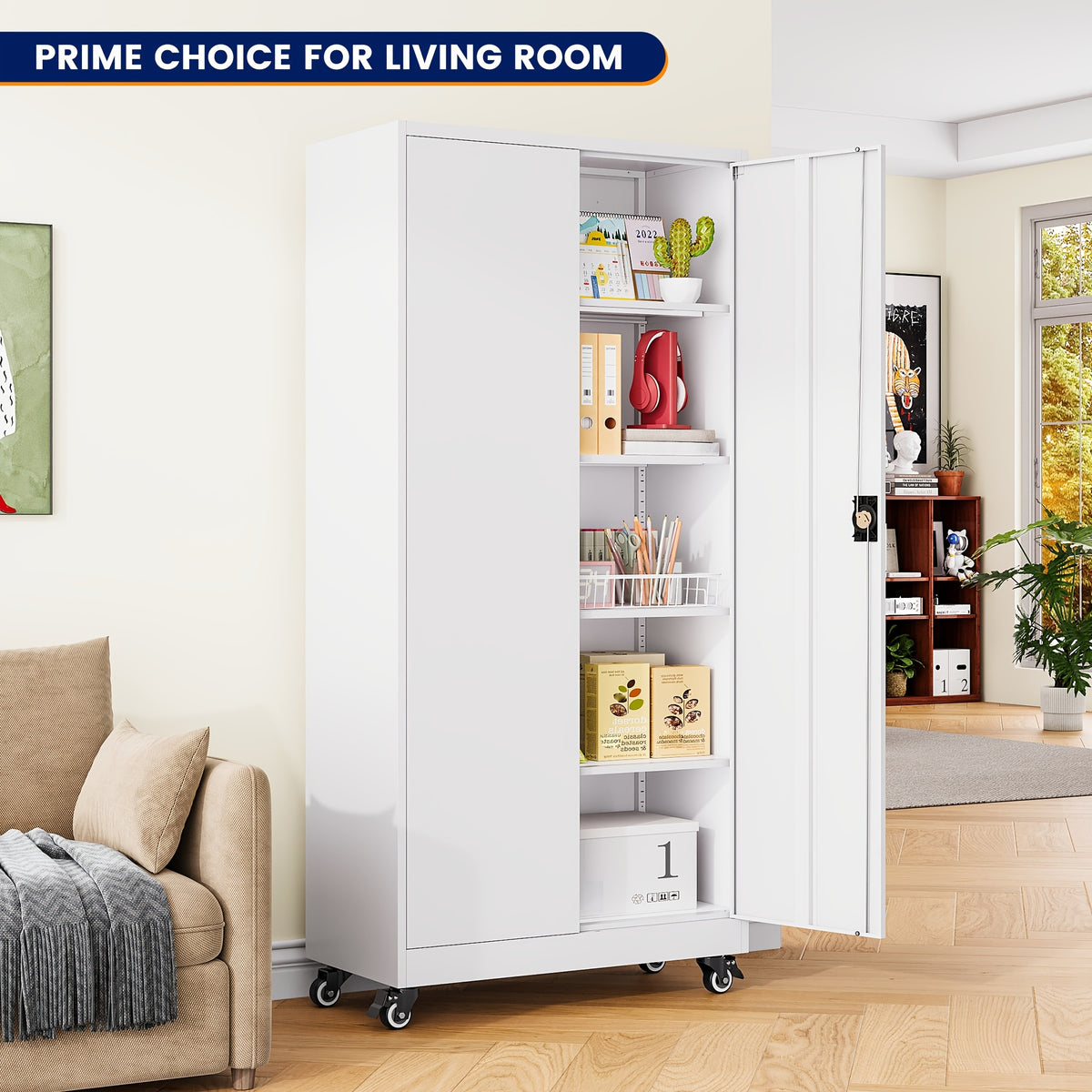 75-Inch Garage Storage Unit: Features 2 Doors, Wheels, 4 Adjustable Shelves, And a Lock. Ideal for Workshops, Homes, Or Offices. Sturdy And Easy to Move