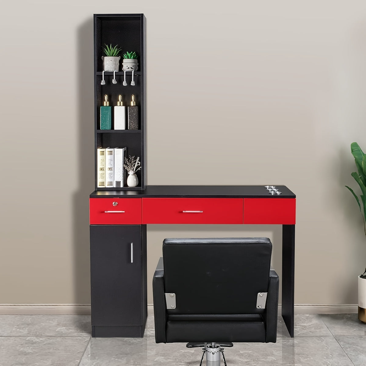 OmySalon Stations for Hair Stylist, Locking Barber Station Organizer, Wall Mount Hair Styling Equipment with 2 Drawers, 1 Storage Compartment, 3 Open Shelves, for Beauty Spa Bedroom Hairdresser, Black/Black&Red/White