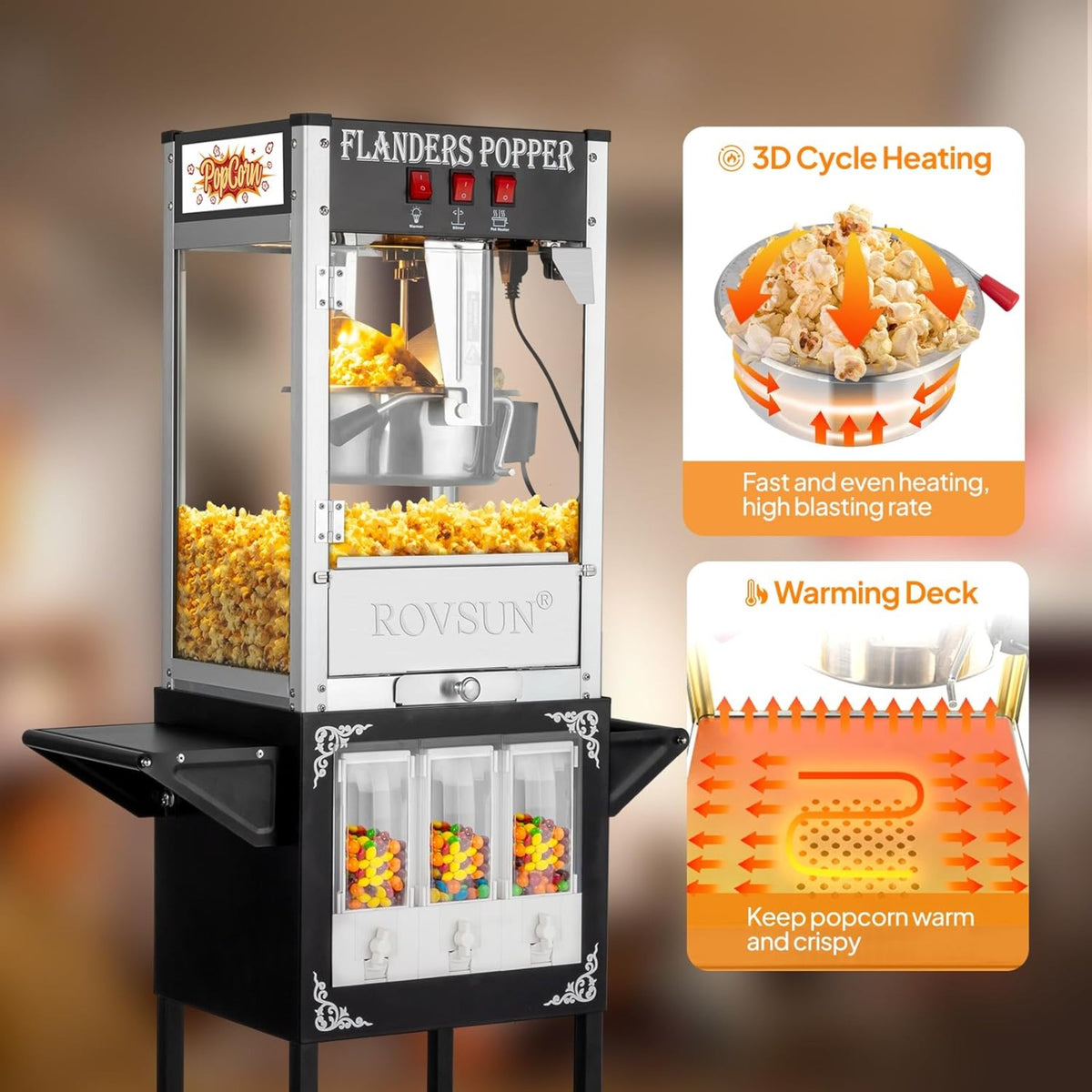 MEFEIR Popcorn Machine w/Cart, Wheels & 8 Oz Kettle Makes Up to 32 Cups ETL Certified, Popcorn Maker w/Candy Dispensers Stainless Steel Scoop, Oil Spoon & 3 Popcorn Cups for Commercial Home Theater