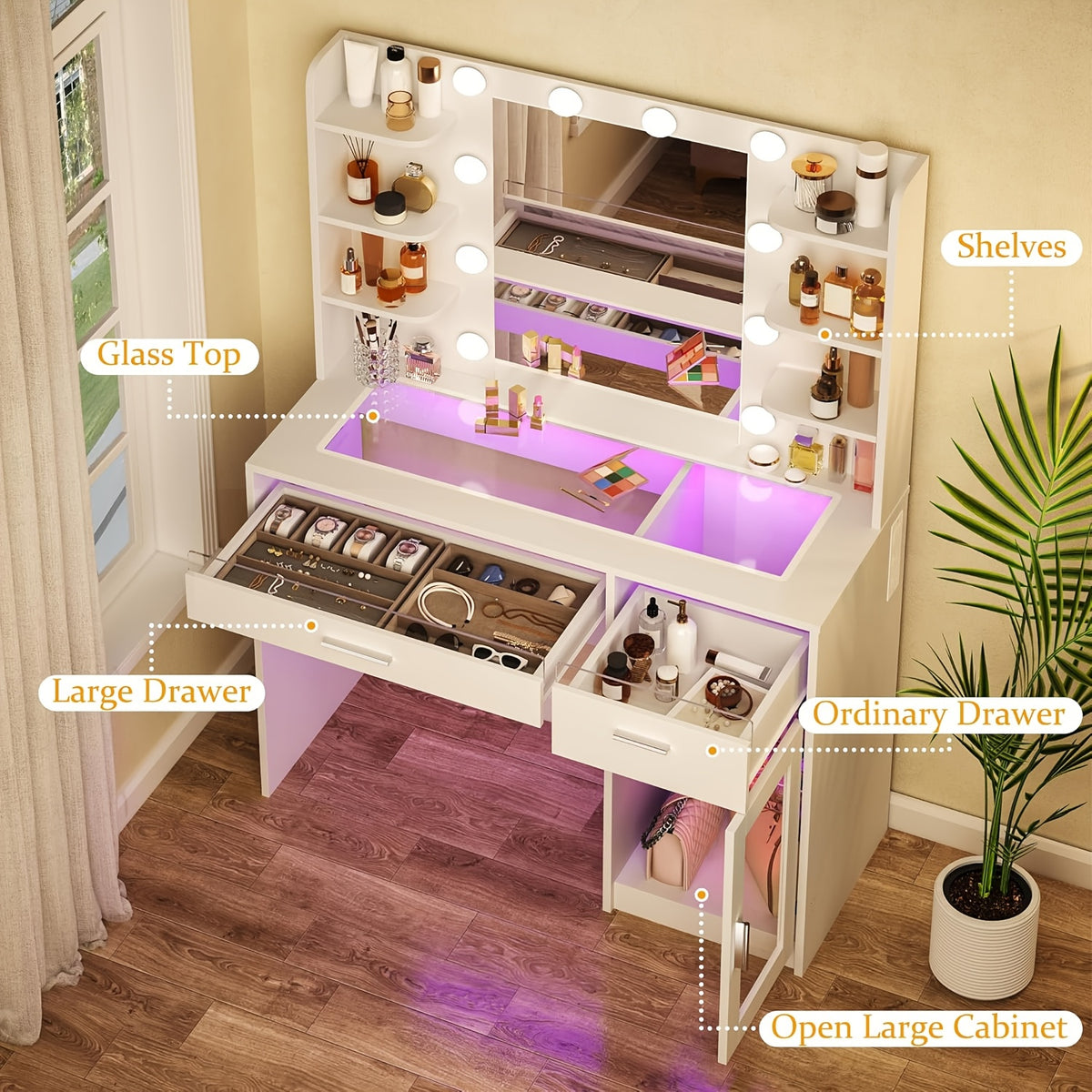 WHONLINE 1pc Vanity Desk with Mirror And Lights, Makeup Vanity Desk with Lights 3 Colors, Bedroom Vanity with Multiple Drawers, And Open Storage Space, Power Outlet, for Bedroom, White, Heavy Duty Dresser, for Halloween And Christmas