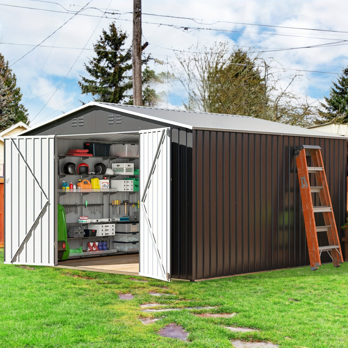 Metal Storage Shed, Large Outdoor Shed With Updated Frame Structure, Garden Tool Sheds For Backyard Patio Lawn, Grey