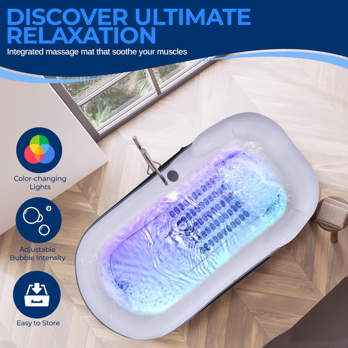 SereneLife Inflatable Bathtub with Bubble Massage Mat, Matching Inflatable Pillow, Cup Holder, and Remote Control for Body and Spa
