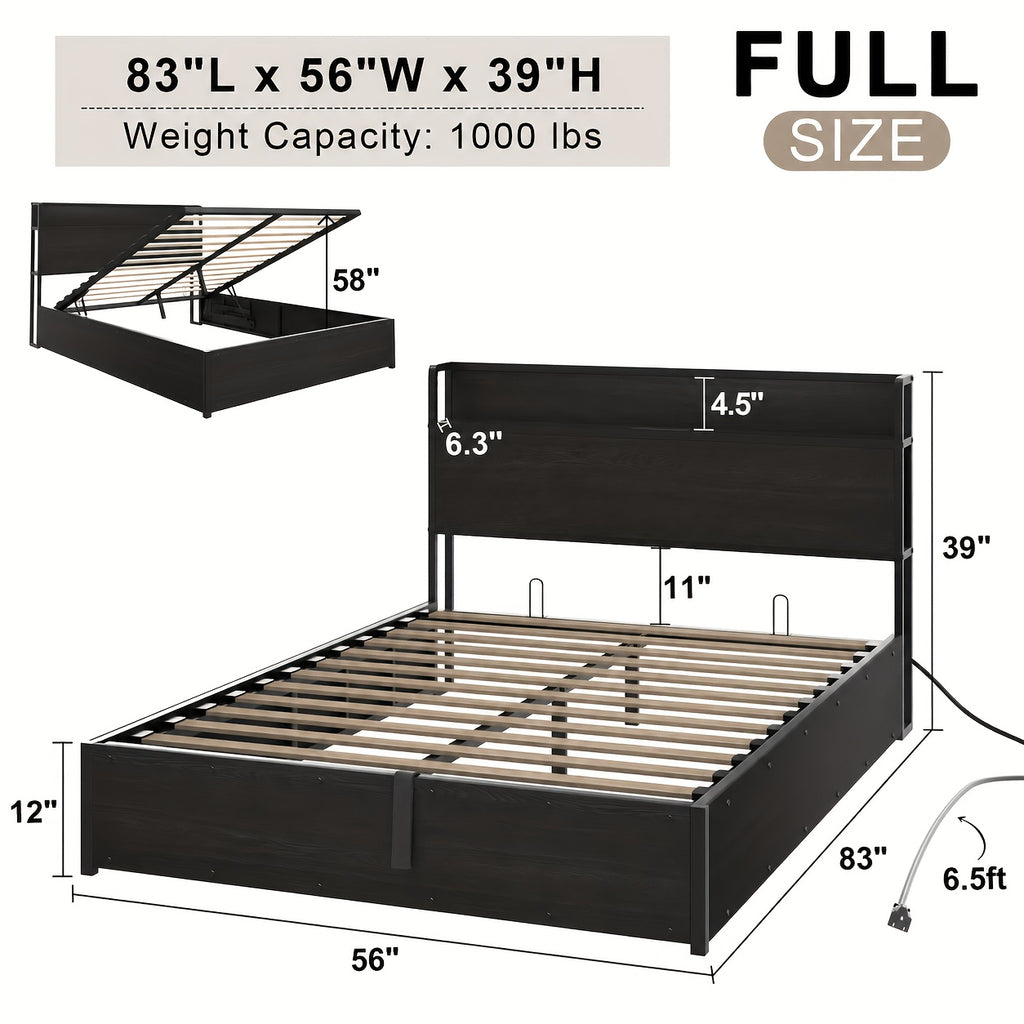 Lift Up Storage Bed Frame, Wooden Platform Bed Frame with Lifting Storage & Charging Station, No Spring Box Needed/Noise Free