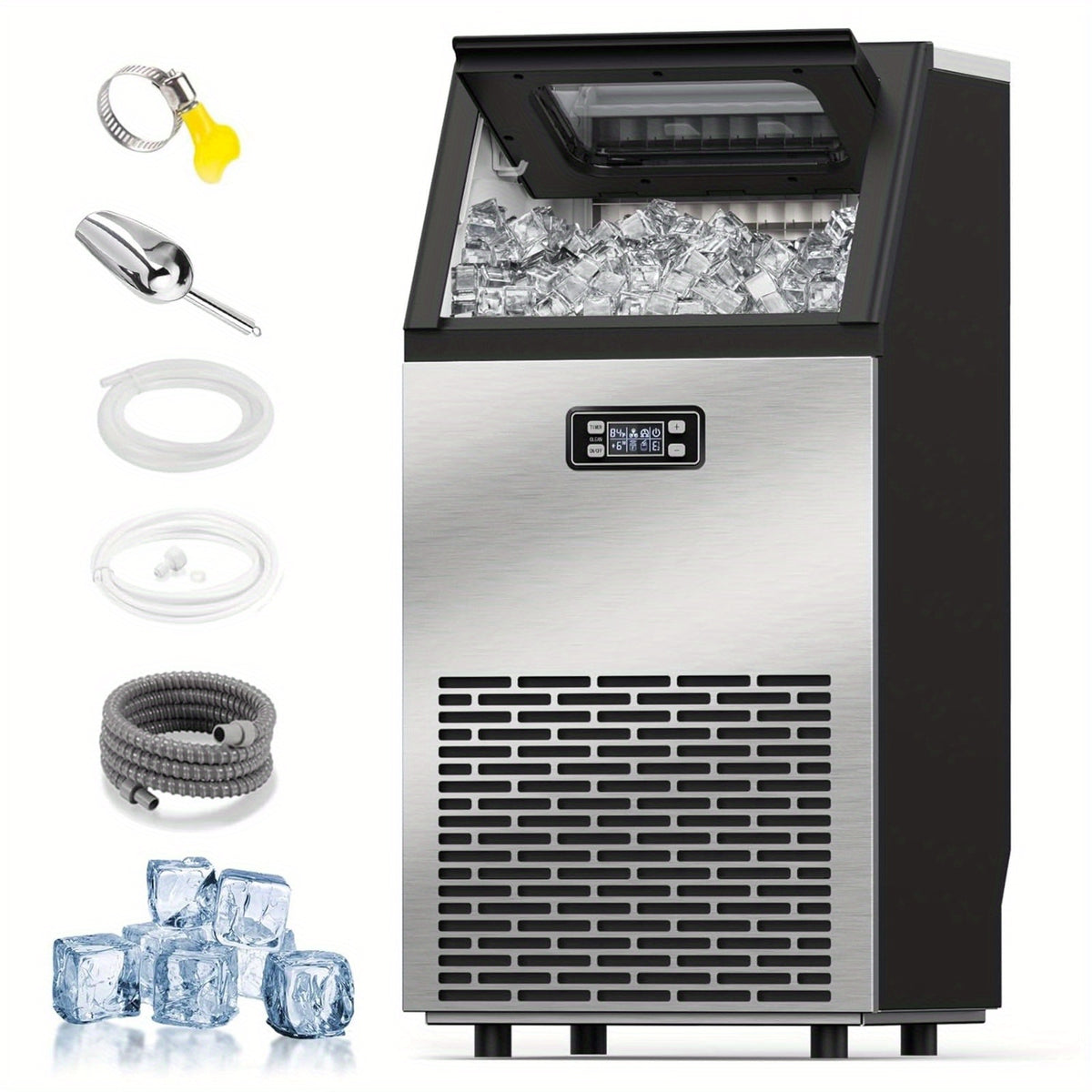 Large Ice Maker, 66Lbs/ 80Lbs/ 100Lbs Commercial Ice Maker, 24 Hour Timer, Self Cleaning Under Ice Machine, Automatic Full Ice Stop, Adjustable Ice Thickness And Ice Making Time, Suitable for Restaurants, Hospitals, Bars, Cafes, Laboratories