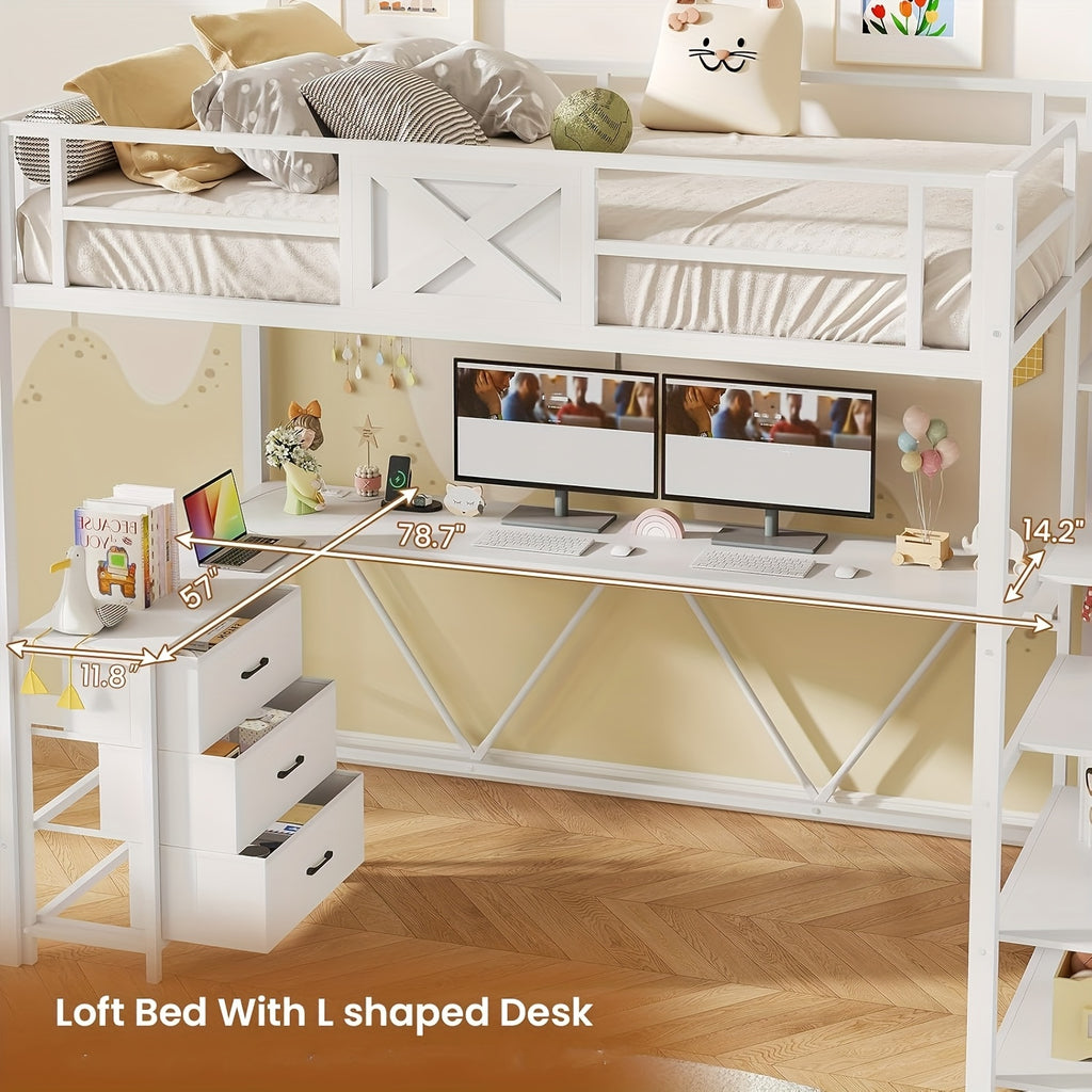 Stairway Twin Size Loft Bed with L Shaped Desk and Wardrobe, Metal Loft Bed Frame with Storage Stairs, 3 Drawers and LED Lights