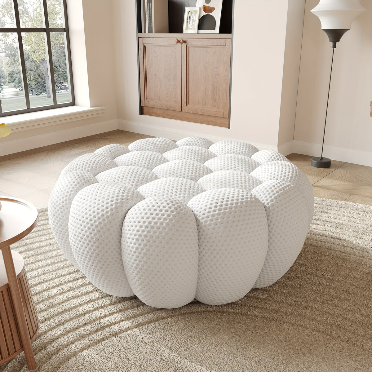 100.03'' Modern Upholstered Curved Sofa, 3 Seater Mesh Fabric Floor Sofa, 3D Honeycomb Shape Curved Couch for Living Room