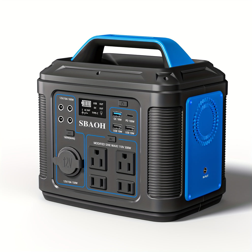 300W Portable Power Station, 296Wh Power Supply Quick Charge/ 110V AC Outlets/DC Ports And LED Flashlight, Lithium Battery Backup For Home Outdoor Travel Camping Blackout Blue