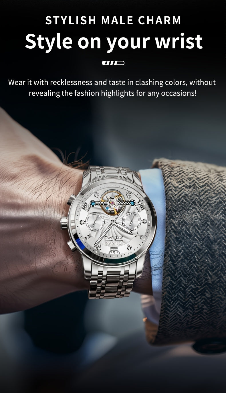 OLEVS Men's Mechanical Watch — Automatic Stainless Steel Wristwatch with Luminous Dual-Calendar Large Dial