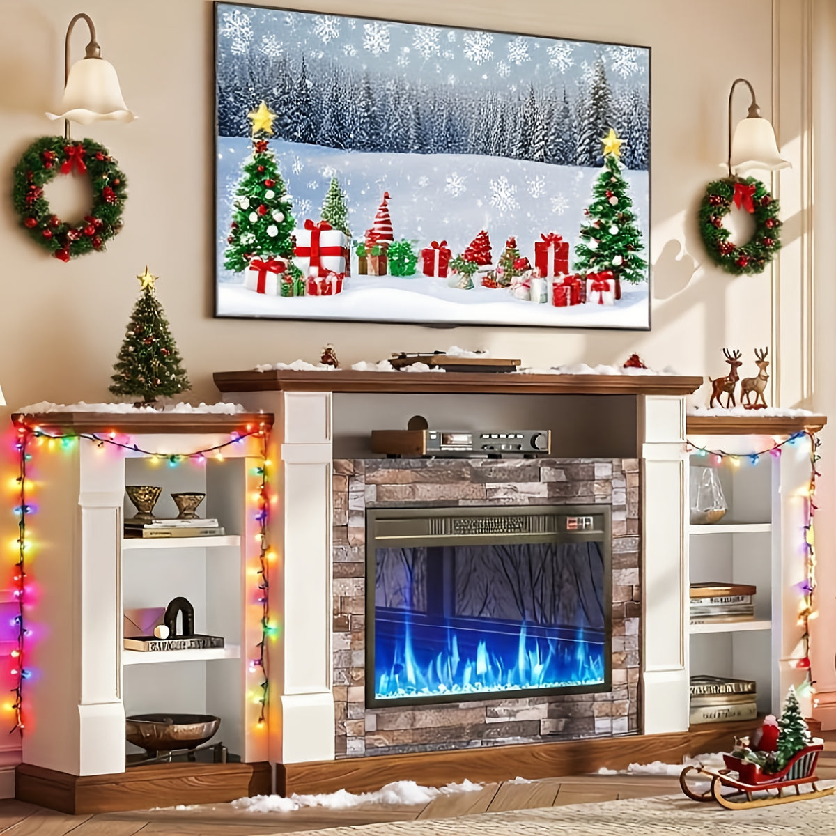 A 70-Inch Television Stand Featuring an Electric Fireplace And Mantel, This Modern Entertainment Unit Provides Open Storage, Remote Control, Adjustable Flames, And LED Lighting, Making It Perfect for Living Rooms And Bedrooms