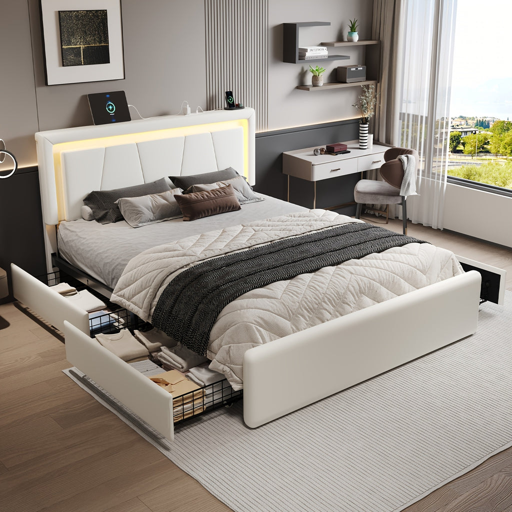 Upholstered Platform Bed Frame with 4 Storage Drawers, Twin/Full/Queen Size Bed Frame with LED Lights And Adjustable Headboard, Metal Slats Support, Charging Station, Easy Assembly, Noise Free, Black/White