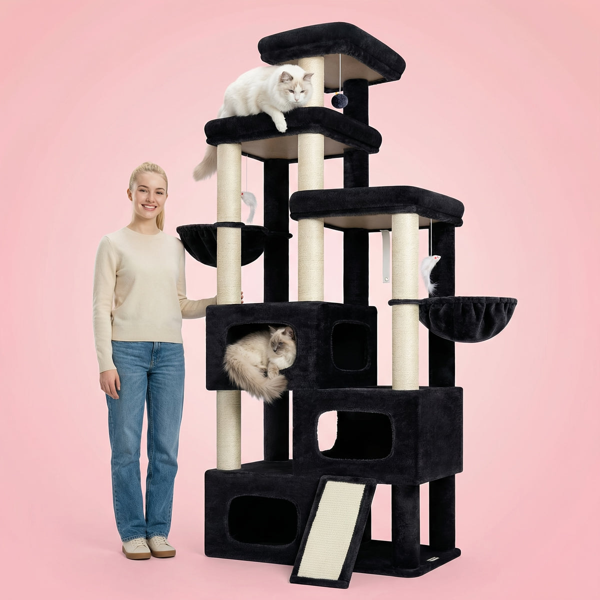A Robust 85-Inch Cat Tree Designed for Larger Felines, Featuring a Spacious Condo, Sisal Scratching Post, Ramp, And Perch, Suitable for Cats Over 20 Lbs. Ideal for Homes with Multiple Cats, Including Maine Coons