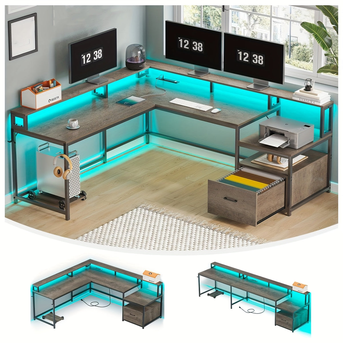 L Shaped Desk for Home Office, Reversible Corner Computer Desk with File Drawer, Led Lights and Monitor Shelf, Two Person Desk