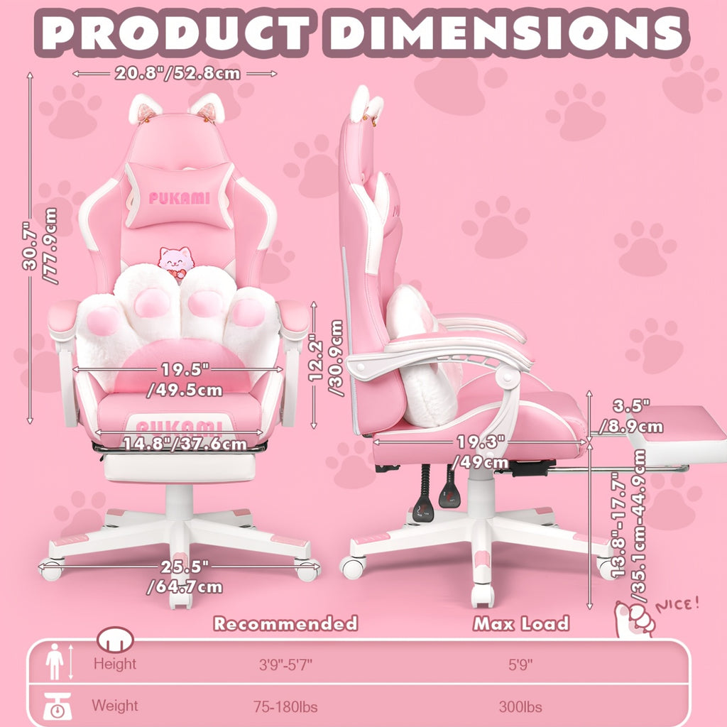 Adorable Pink Gaming Chair Featuring Cat Ears And a Paw-Shaped Lumbar Cushion, Designed Ergonomically For, Complete with a Footrest And Headrest, Providing a Cozy Reclining Experience for Both Adults And Teens