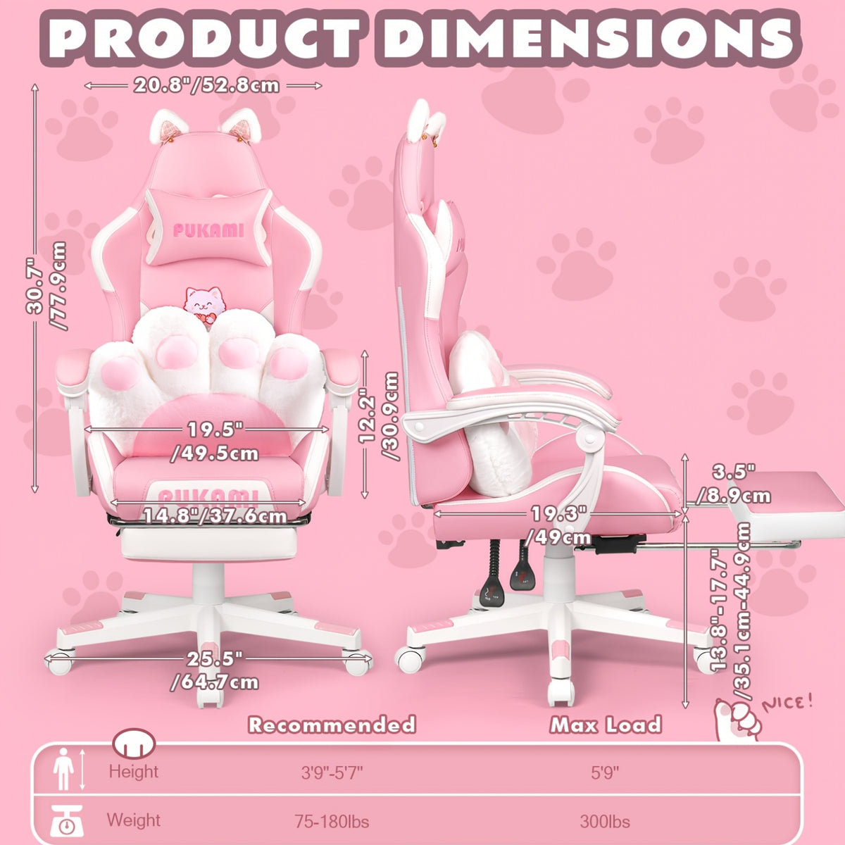 Adorable Pink Gaming Chair Featuring Cat Ears And a Paw-Shaped Lumbar Cushion, Designed Ergonomically For, Complete with a Footrest And Headrest, Providing a Cozy Reclining Experience for Both Adults And Teens