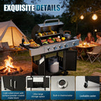 Upgraded 44000-49000 BTU 4-1 Burner Propane Gas Grill with Side Burner, Top thermometer, Outdoor BBQ Grill with Cast Iron Grates & Side Tables, 625 sq.in. Large Grilling Space for Summer Parties, Ideal for Backyard Patio & Camping, Black