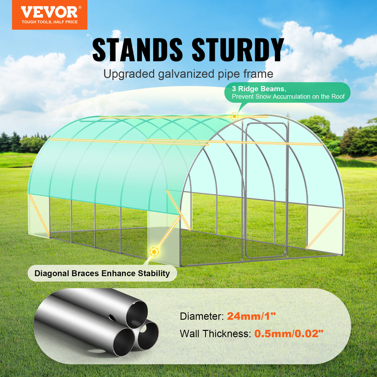 VEVOR Walk-in Tunnel Greenhouse 19.36x9.68x7.4/27.38x9.5x7.38ft Galvanized Frame PE Cover Green (No Door)