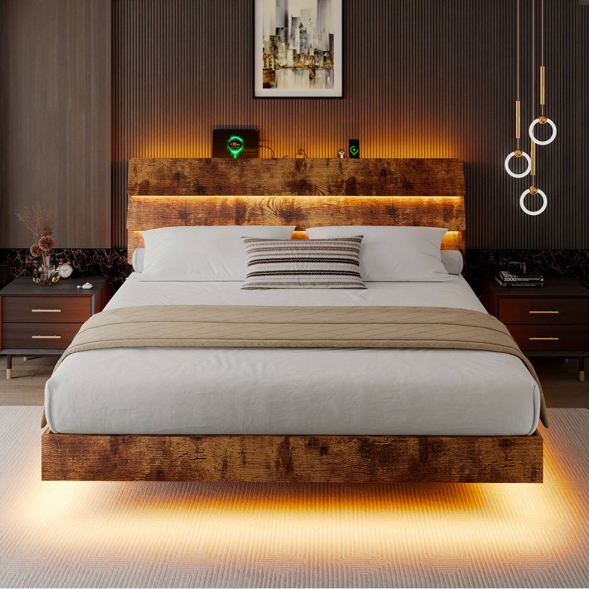 Valnase Floating Bed Frame with LED Lights & Charging Station, Platform Bed with Wooden Storage Headboard, Steel Slats Support, Easy Assembly