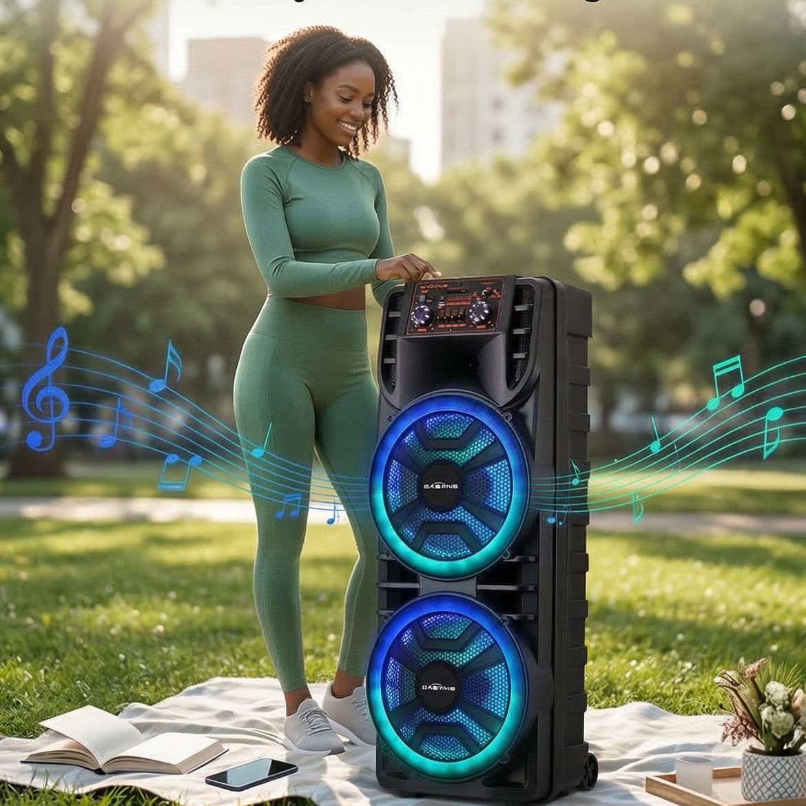 Rechargeable Bluetooth Party Speaker with Dual 12 Inch Woofers, Portable Karaoke System with Mic, RGB Lights, TWS, AUX/USB/TF/FM, Echo Control