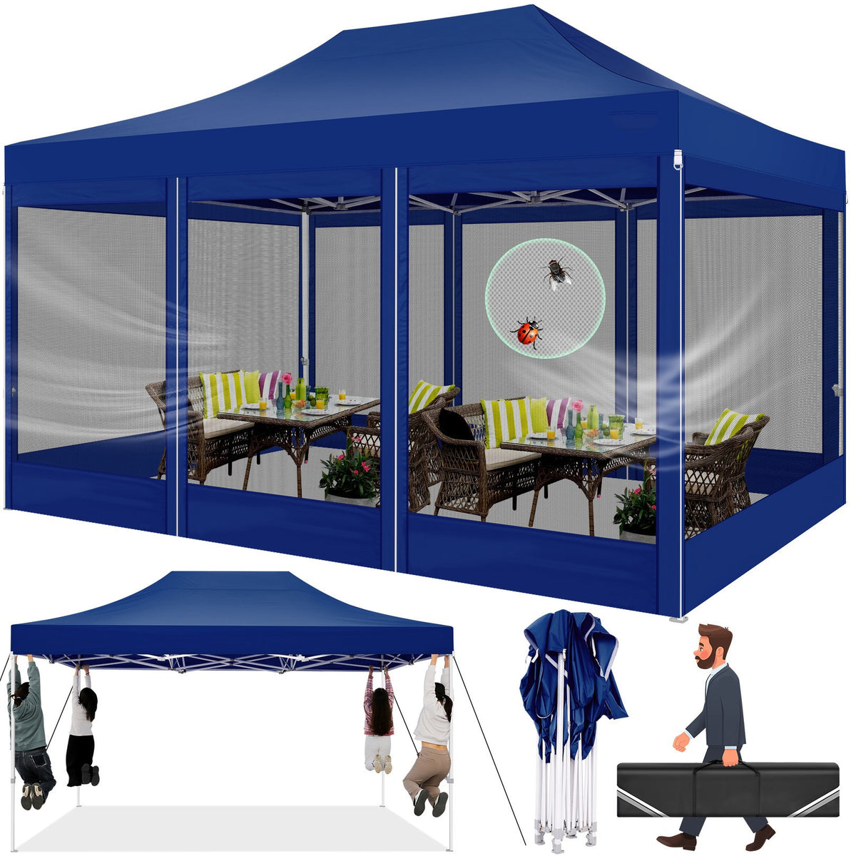 Hoteel 10x15 Heavy Duty Pop Up Canopy Tent with 4 Sidewalls, Commercial Gazebo Party Tent with Mosquito Netting Wall Easy Up Outdoor Instant Screen Tent for Backyard, Beach, Patio, Garden