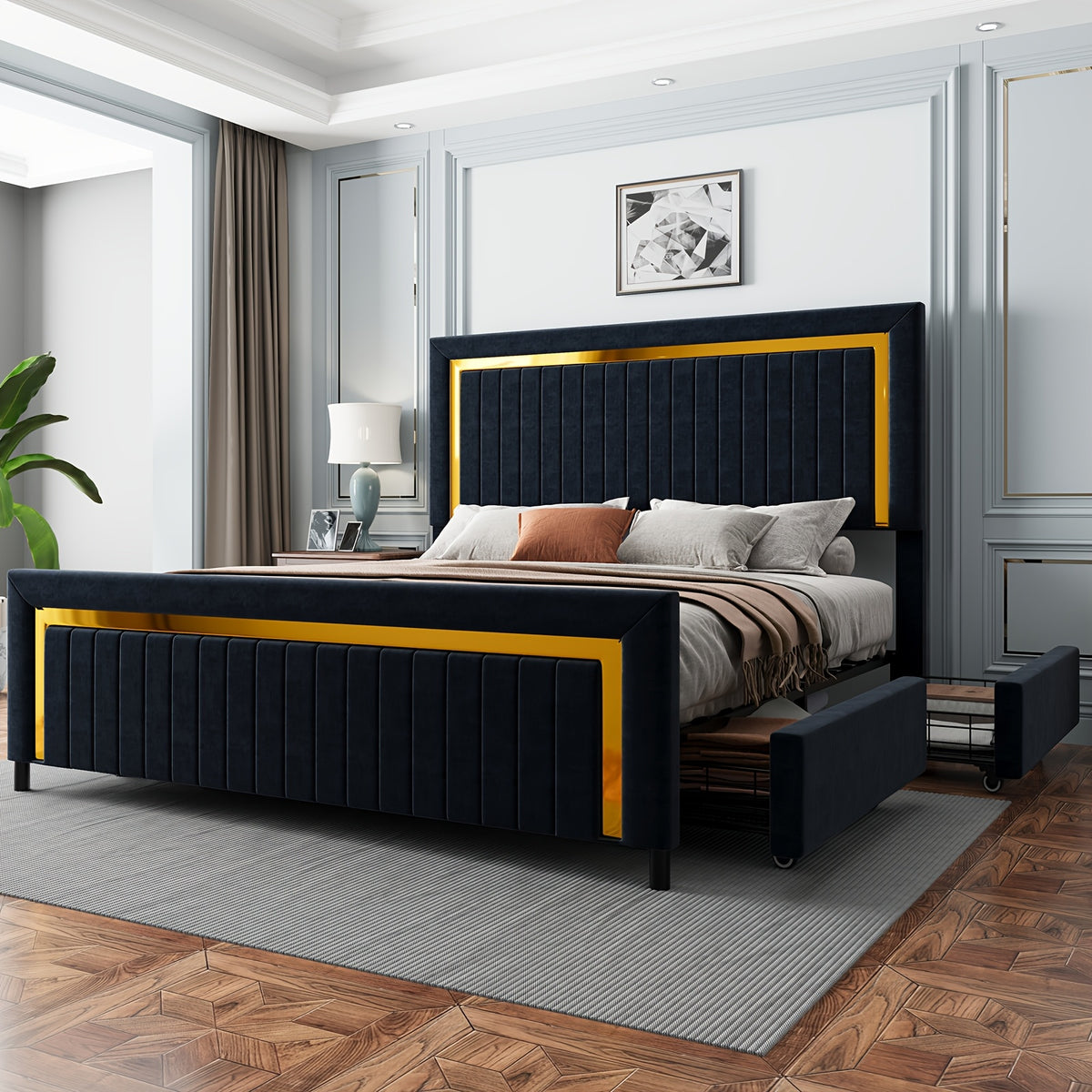 LUXOAK Queen Size LED Platform Bed Frame With Upholstered Design, Featuring 4 Storage Drawers, Vertically Channeled Adjustable Headboard, Box Spring Not Required