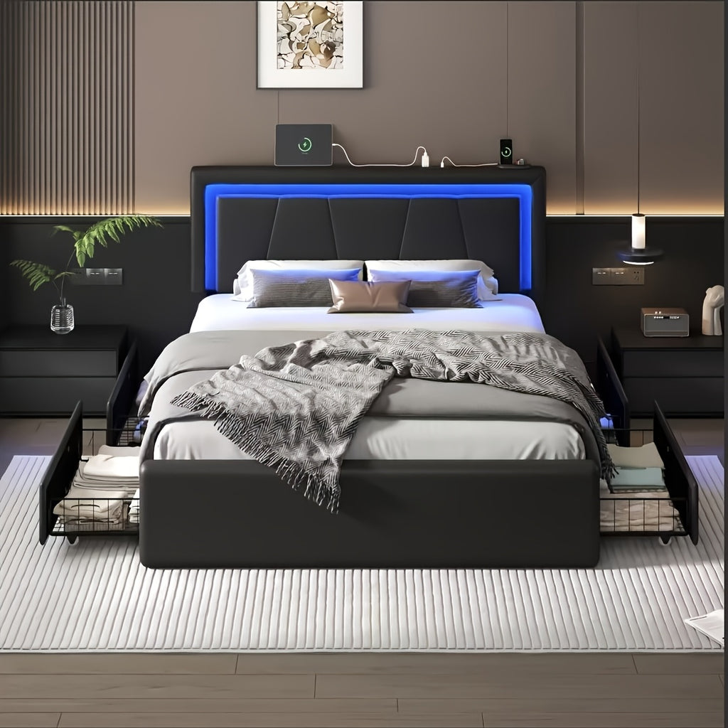 Upholstered Platform Bed Frame with 4 Storage Drawers, Twin/Full/Queen Size Bed Frame with LED Lights And Adjustable Headboard, Metal Slats Support, Charging Station, Easy Assembly, Noise Free, Black/White