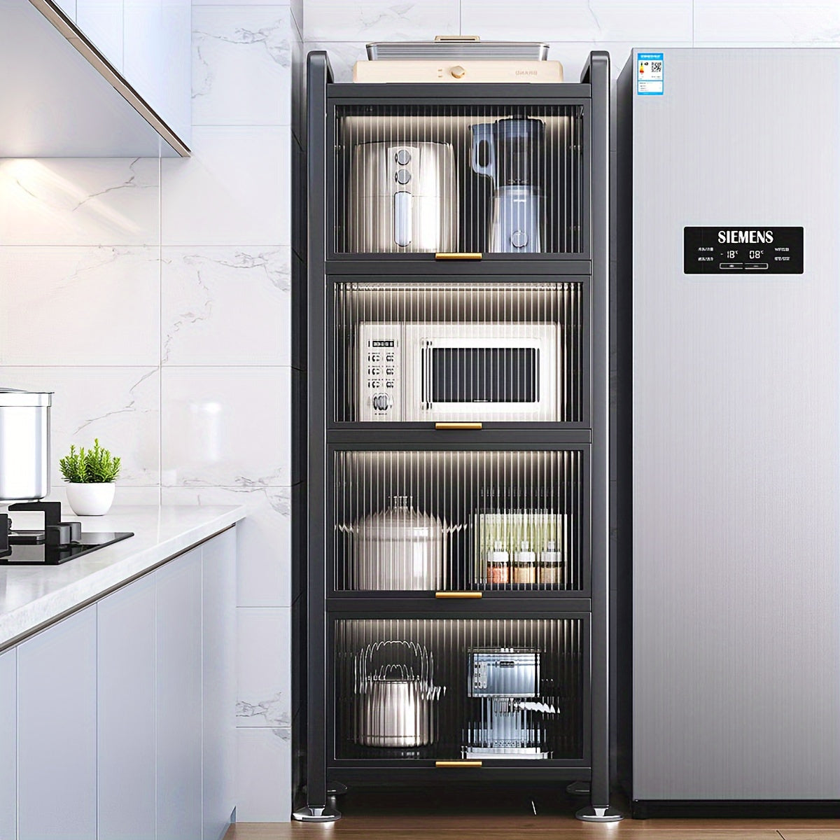 Joybos™ 5-Tier Narrow Multifunctional Metal Kitchen Storage Cabinet - Spacious Microwave Stand, Coffee Bar Shelf, Pantry Organizer, And Hutch for Kitchen, Living Room - Space-Saving, Durable, And Stylish, Standing Shelf, Standing Shelf
