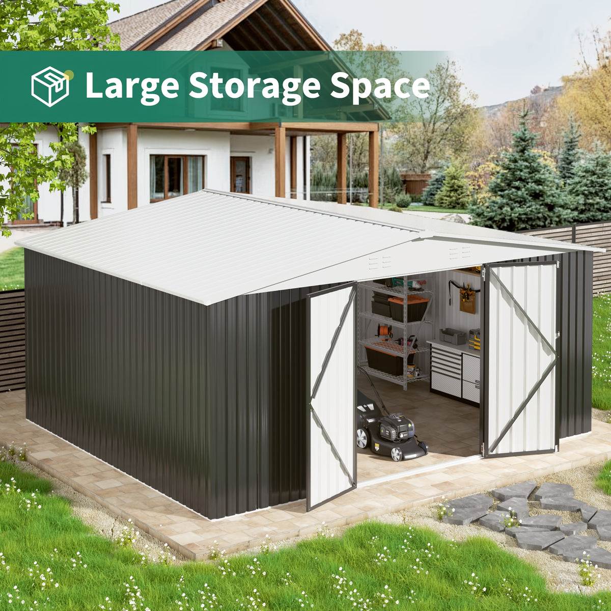 5x3-12x14ft Outdoor Storage Shed, Metal Garden Shed with Updated Frame Structure, Tool Sheds for Backyard Garden Patio Lawn, Black Or White