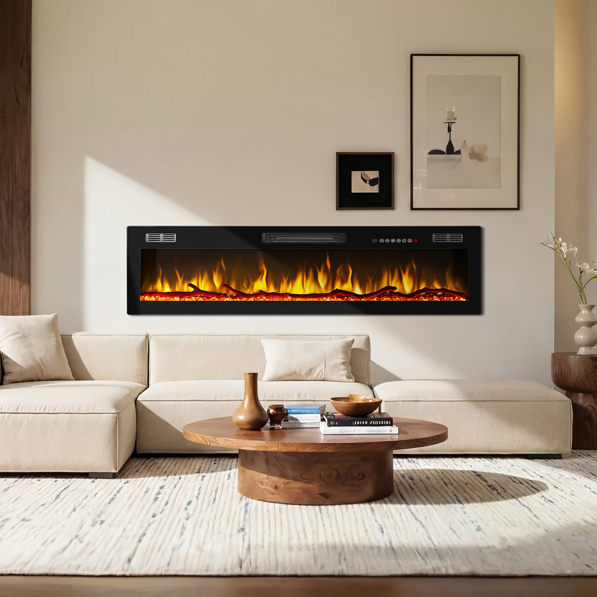 50/60/68/72 Inch Electric Fireplace, Recessed And Wall Mounted Fireplace, Fireplace Heater with Remote Control, Linear, Ultra-Thin Fireplace Heater with 12 Adjustable Flame Color, Log & Crystal Options, 750/1500W