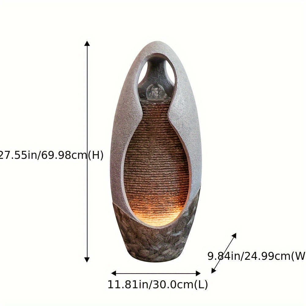 An Indoor Floor Fountain, Standing 27.55 Inches Tall. It's A Home Decor Item, A Large Cobblestone Floor Fountain Ornament, Complete with A Glass Ball And Lighting Features.