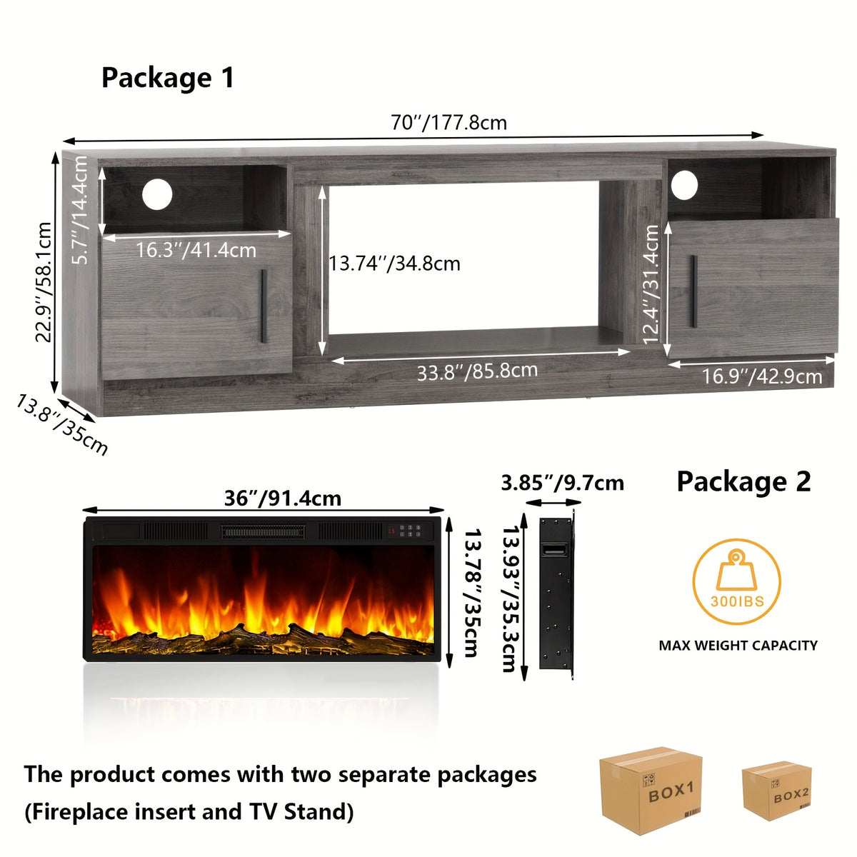 Fireplace TV Stand Entertainment Center with 36" Fireplace, Media TV Console with High Gloss Storage Cabinet And 16 Colors LED Lights, 70" Wooden TV Stand for TVs Up to 80"