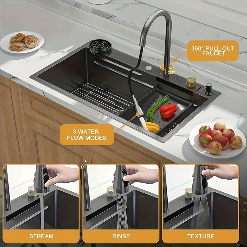 [Stainless Steel Kitchen Sink] 33 * 22 Inch Stainless Steel Kitchen Sink, Single Bowl Sink Drop In/Topmount Workstation Waterfall Sinks With Cutting Board, Cup Washer And Sink Accessories