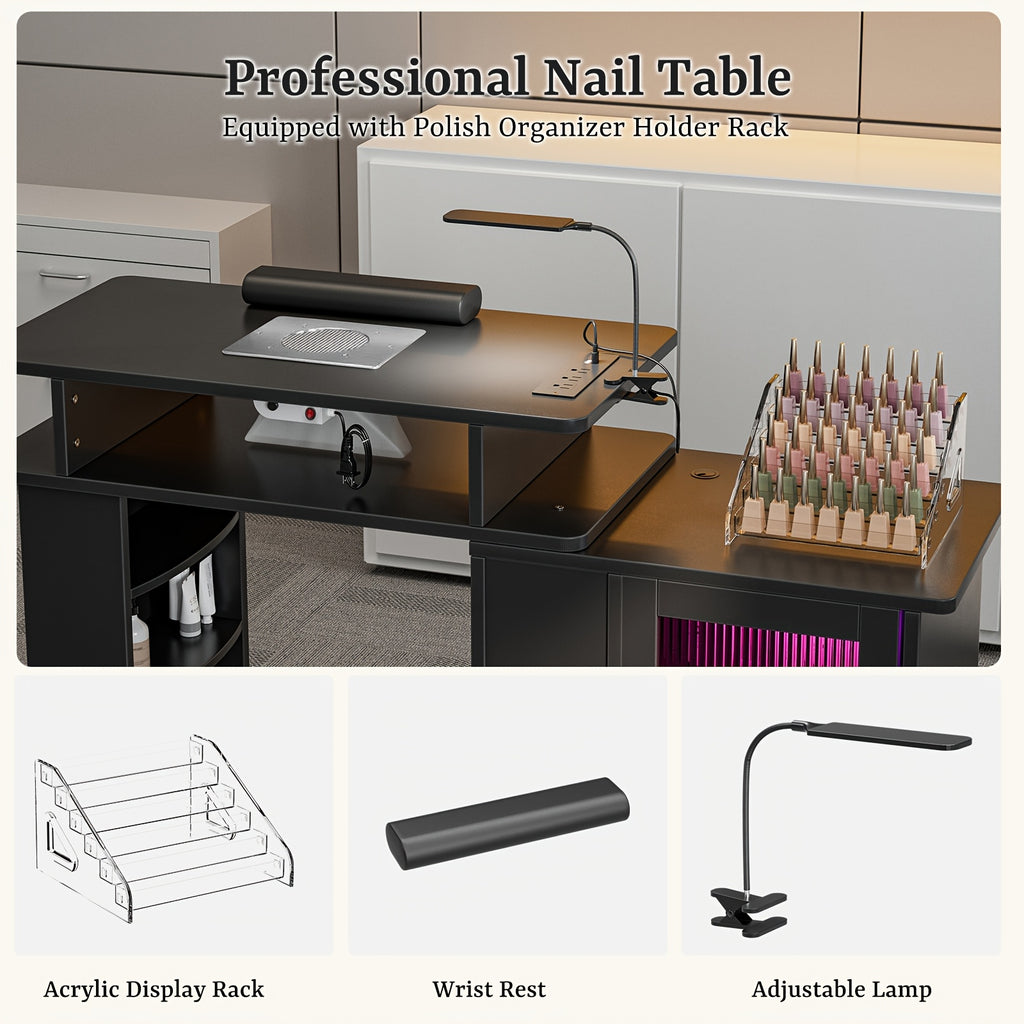 Paddie Manicure Table Nail Desk, Glass Cabinet Door Nail Table Station W/Dust Collector, Removable Acrylic Container, Cabinet And Drawer