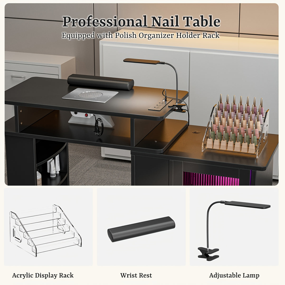 Paddie Manicure Table Nail Desk, Glass Cabinet Door Nail Table Station W/Dust Collector, Removable Acrylic Container, Cabinet And Drawer