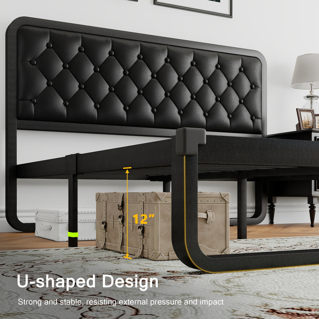 Sturdy Platform Bed Frame Featuring a Button-Tufted Headboard in Black Faux Leather Or Dark Grey Linen, Offering 12 Inches of Storage Space