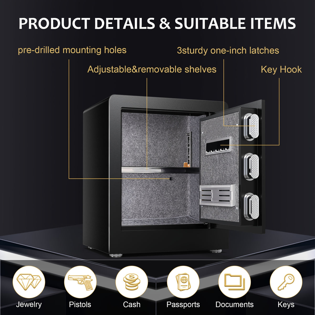 Large Home Safe Heavy Duty Fireproof Safe Box for Home Use with Removable Lock Box And Key Combination Lock, Anti-Theft Digital Safe Box for Home Office Business
