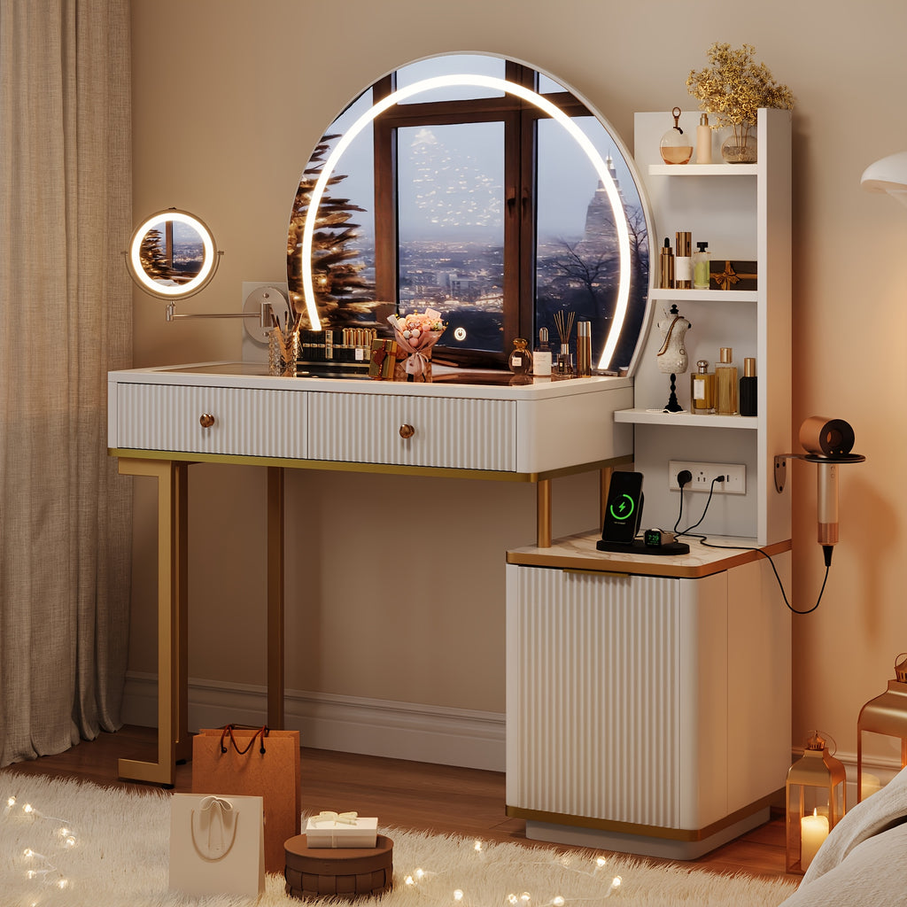 49.8"L Fluted Makeup Vanity Desk with Large 23.6"H Mirror And Lights, Modern Glass Top Big Vanity Table with 2 Drawers & Adjustable Shelves, Dressing Table with Charging Station for Bedroom