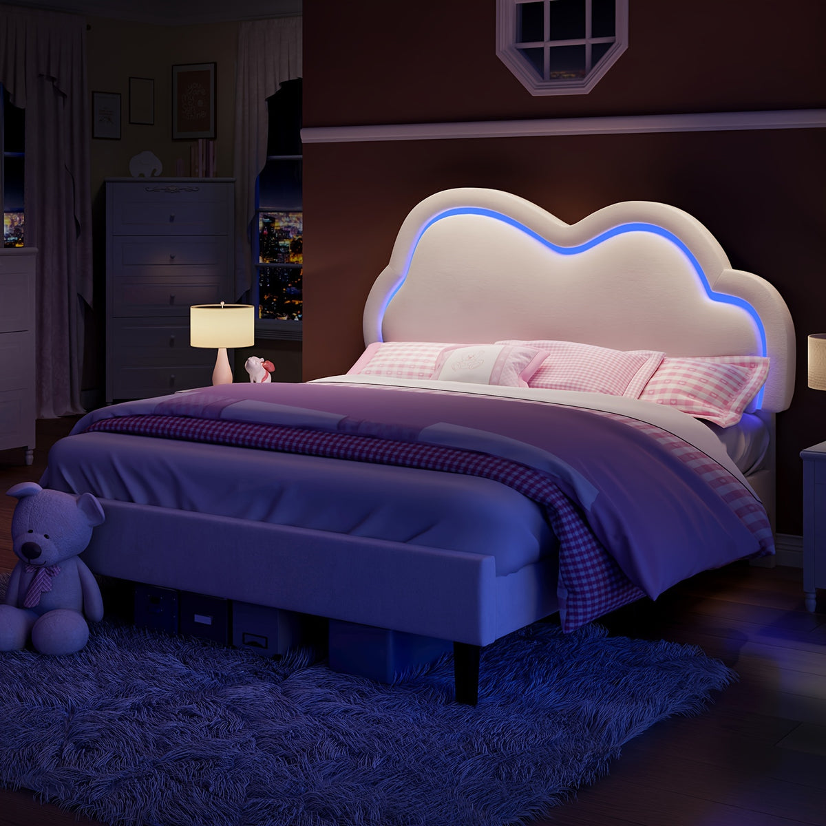 LUXOAK LED Velvet Platform Bed Featuring an Adjustable Cloud Headboard - No Box Spring Needed, Easy Assembly