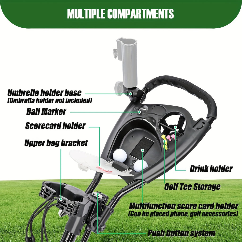 XDriveMax 4-Wheel Golf Push Pull Cart Foldable, One-Click Folding. Designed For Golf Clubs And Bags, Enhanced Storage