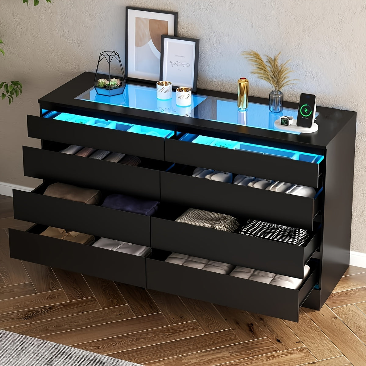 Chest of Drawer, 8-Drawer Dresser with Glass Top And Power Outlet, White Dresser for Bedroom, Modern Double Wide Drawer Organizer Cabinet for Bedroom, Living Room (15.75" D X 47.24" W X 30.71" H), Storage Drawer Units