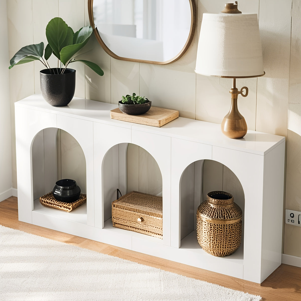 70.86" Console Table with Storage, Narrow Entryway Table with Arched Open Shelf, Farmhouse Sofa Table Behind Couch for Hallway, Living Room