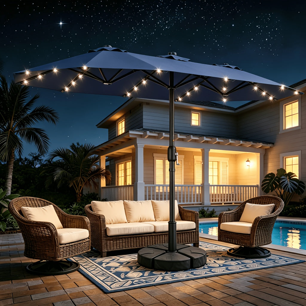 13-foot Double-sided Patio Umbrella with Solar Lights, Includes Base Stand, Large Outdoor Patio Umbrella with Crank Handle, Oversized Outdoor Market Umbrella, 12 Heavy-duty Ribs, Suitable for Outdoor, Market, Patio, Deck, Pool, Backyard, and Other