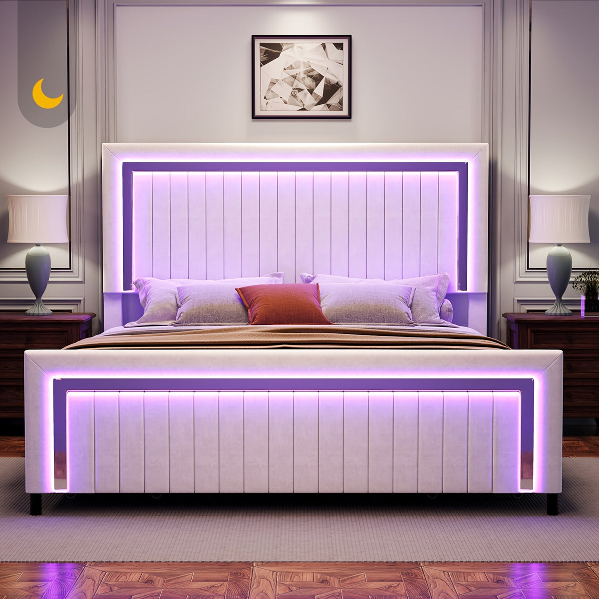 LUXOAK Queen Size LED Platform Bed Frame With Upholstered Design, Featuring 4 Storage Drawers, Vertically Channeled Adjustable Headboard, Box Spring Not Required