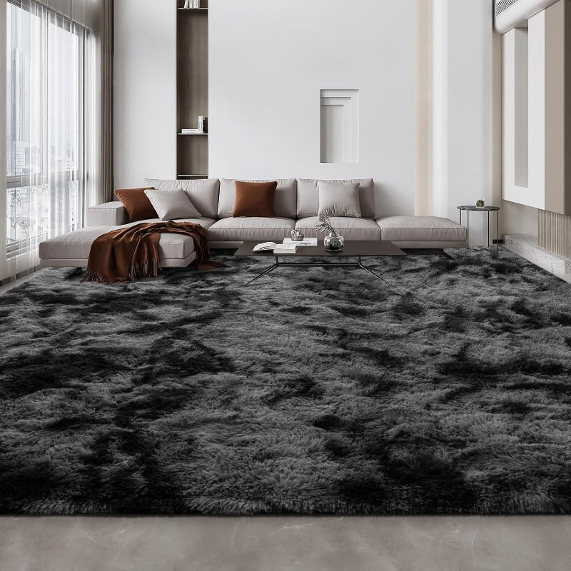 Plush Rug 10x14ft Modern Tie-Dye Black Design with Non-Slip Backing for Living Rooms and Bedrooms